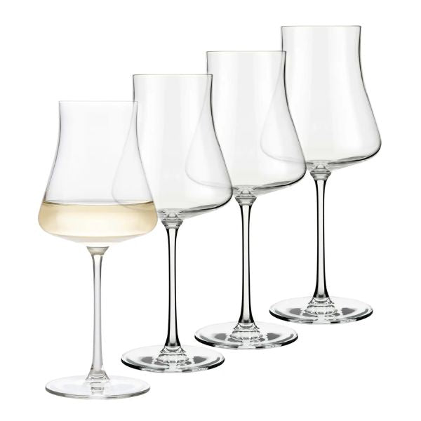 Clear elegant wine glasses in varying shapes arranged in a row, featuring the Stratford All-Purpose Wine Glass, 16oz, Set of 4, ideal for kitchen, dining, and entertaining decor.