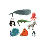 Wildlife Tattoos, Set of 8 featuring colorful animal designs including a whale, panda, crocodile, octopus, zebra, peacock, orangutan, and penguin, perfect for decor and gifts at Knotty and Board. 1