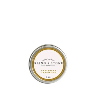 Solid Cologne Tin, 1 oz., Caribbean Teakwood in a silver tin with a clean white and gold label, perfect for gifts and decor from Knotty and Board, shipping anywhere in the US.