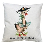 Funny Vintage Pillow, Back On My Bullshit, featuring a retro-style duck in a hat with floral accents, perfect for adding humor to home decor and gifts from Knotty and Board. 1