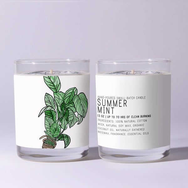 Two clear glass candles with illustrated green leaves and text labels, featuring Just Bee Summer Mint Candle - 7 oz, styled for decor and gifts by Knotty and Board.