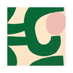 Close-up of a stylish green and beige patterned paper napkin with a pink accent, perfect for kitchen decor and entertaining, titled Lunch Napkin, 20 Ct, Seppel Green Marimekko. 1