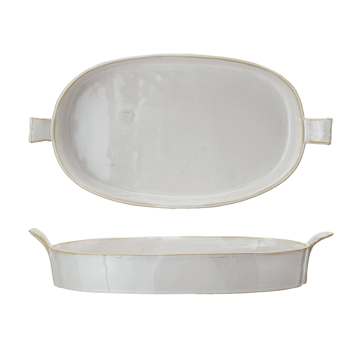 Stoneware Baker w/ Handles, 1.5 qt shown from top and side views, simple light gray finish perfect for kitchen decor and entertaining, Every Room Needs A Little Knotty and Board.