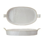 Stoneware Baker w/ Handles, 1.5 qt shown from top and side views, simple light gray finish perfect for kitchen decor and entertaining, Every Room Needs A Little Knotty and Board. 1