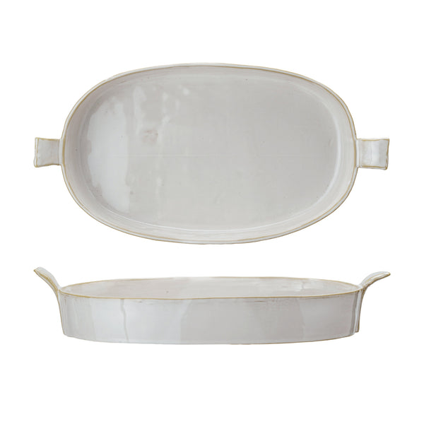 Stoneware Baker w/ Handles, 1.5 qt shown from top and side views, simple light gray finish perfect for kitchen decor and entertaining, Every Room Needs A Little Knotty and Board.