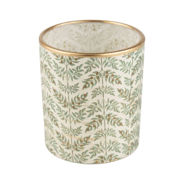 Branch Paper Pattern Glass Votive, Green, White and Gold, 3.5 in.