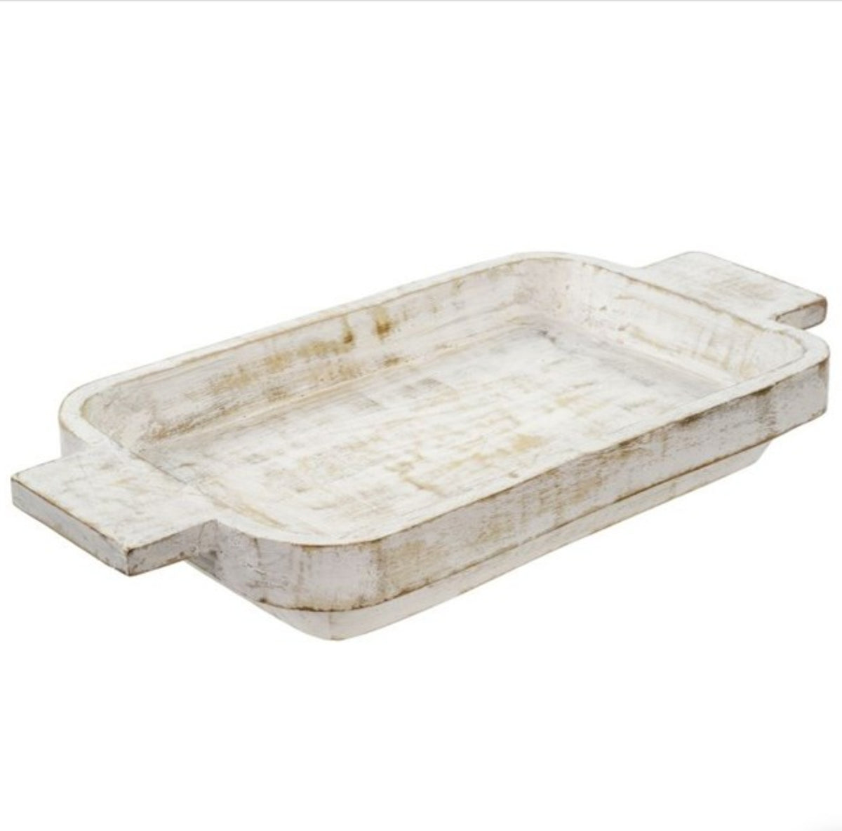 Whitewashed Dough Bowl, Large made of rustic wood with a distressed finish, ideal for kitchen or dining decor, gifts, and stylish entertaining by Knotty and Board.