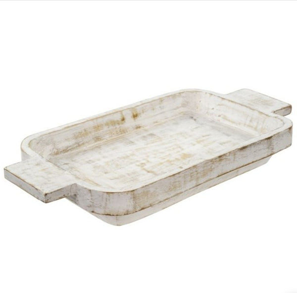 Whitewashed Dough Bowl, Large made of rustic wood with a distressed finish, ideal for kitchen or dining decor, gifts, and stylish entertaining by Knotty and Board.
