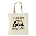 Natural canvas bag with long handles featuring the phrase 