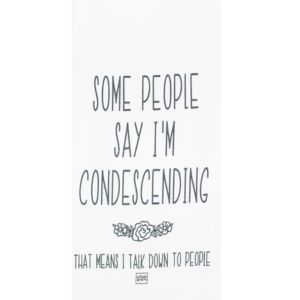 White kitchen towel with black text reading 