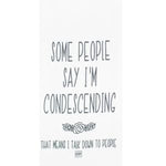 White kitchen towel with black text reading 