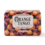 Blue Stallion Bar Soap. Orange Tango with vibrant orange fruit and leaf design, featuring citrus and tropical fruit scents, perfect for unique kitchen or bath decor gifts. 1
