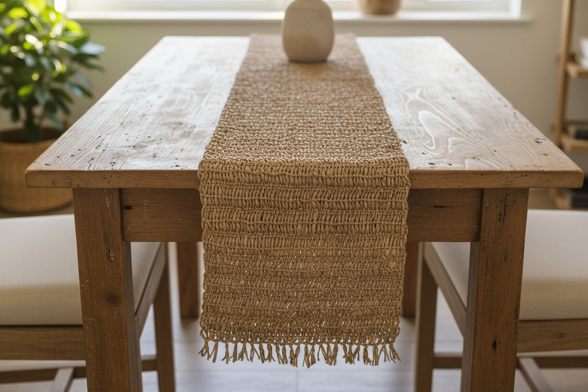 Woven Raffia Table Runner with Fringe