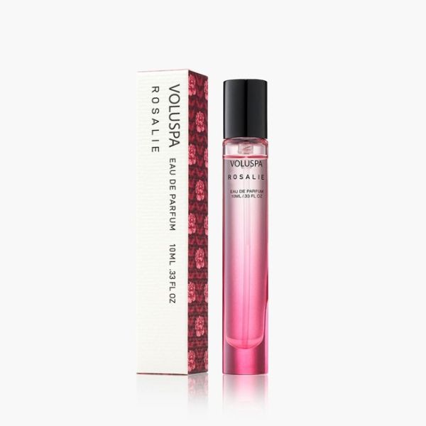 Voluspa, Eau De Parfum, 10 ml, Rosalie in a pink gradient glass bottle with black cap beside its white and red floral patterned box, perfect decor or gift from Knotty and Board.