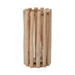 Selva Lantern, 8 in. x 15.5 in. features a natural wooden frame with vertical slats surrounding a glass candle holder, perfect for adding warm decor to any room. 1