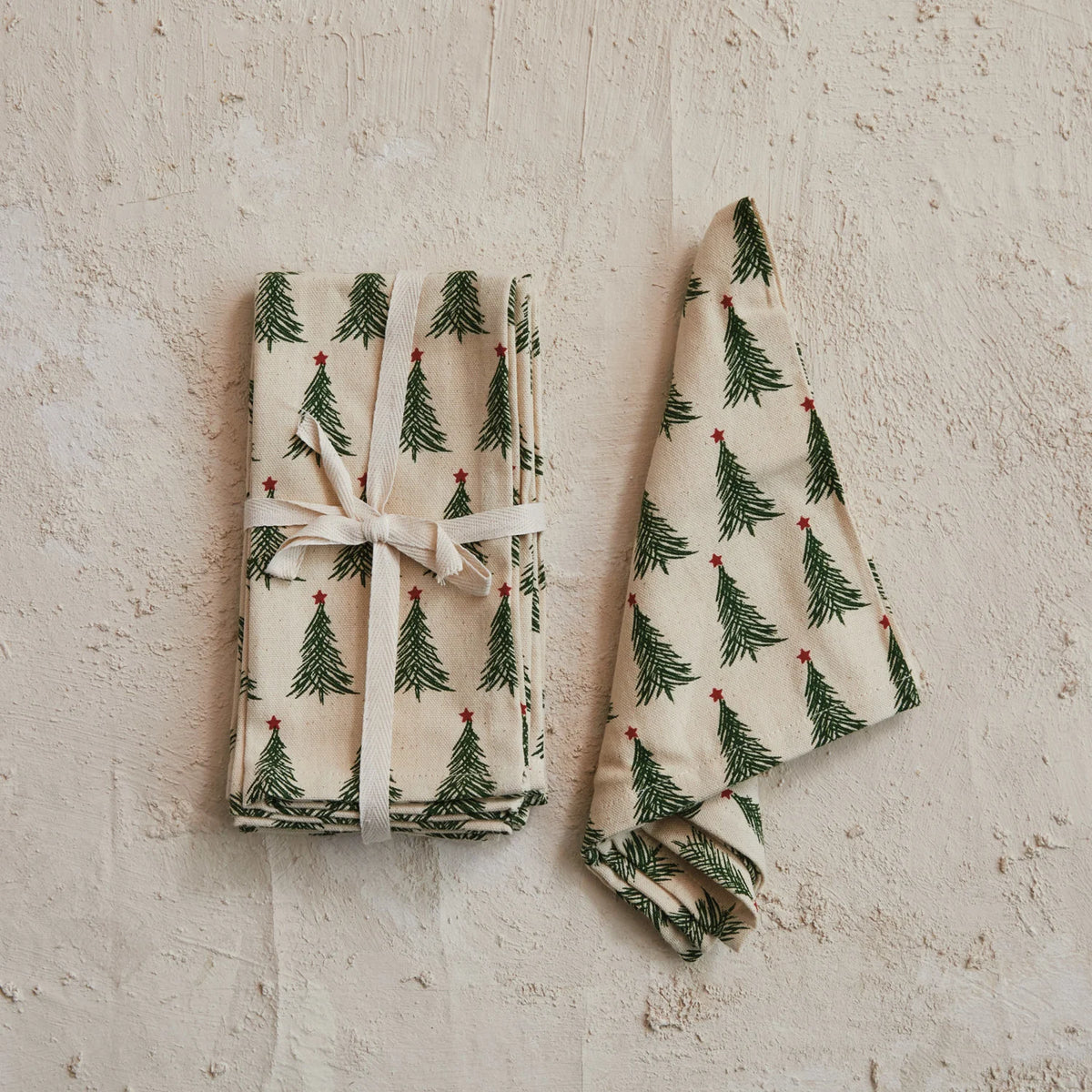 Stonewashed Napkins with Christmas Tree Pattern, Set of 4, 18