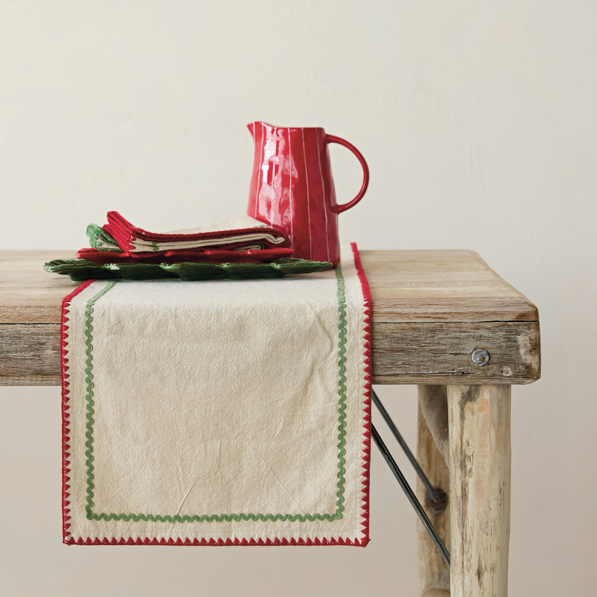 Woven Cotton Table Runner with Stitched Edge & Ric Rac Trim, 72 in.