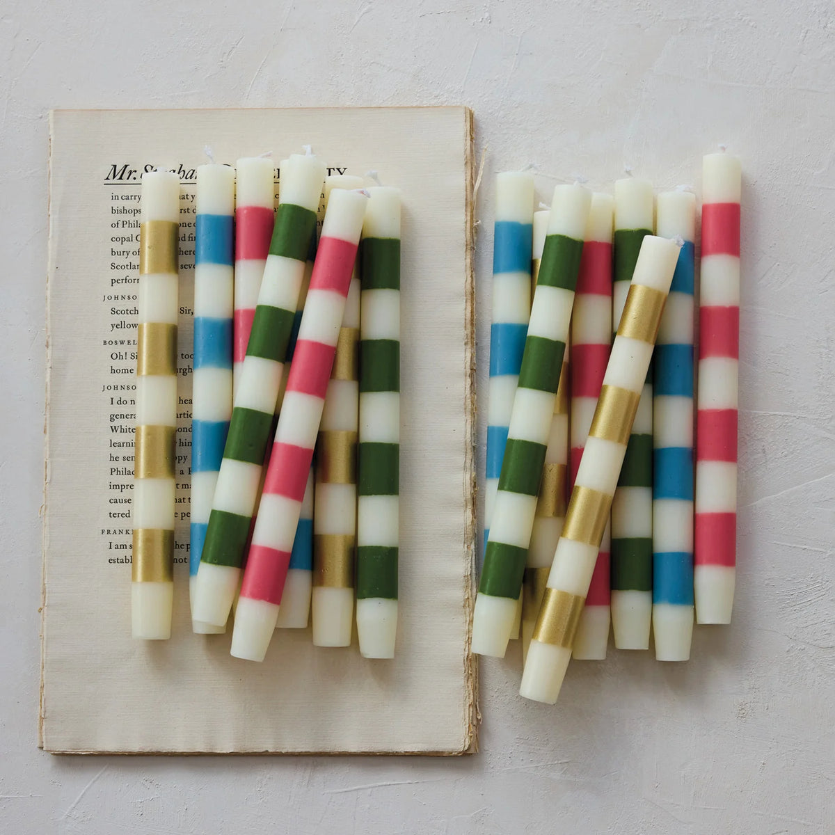 Taper Candles with Stripes, Green, Set of 2, 10 in.