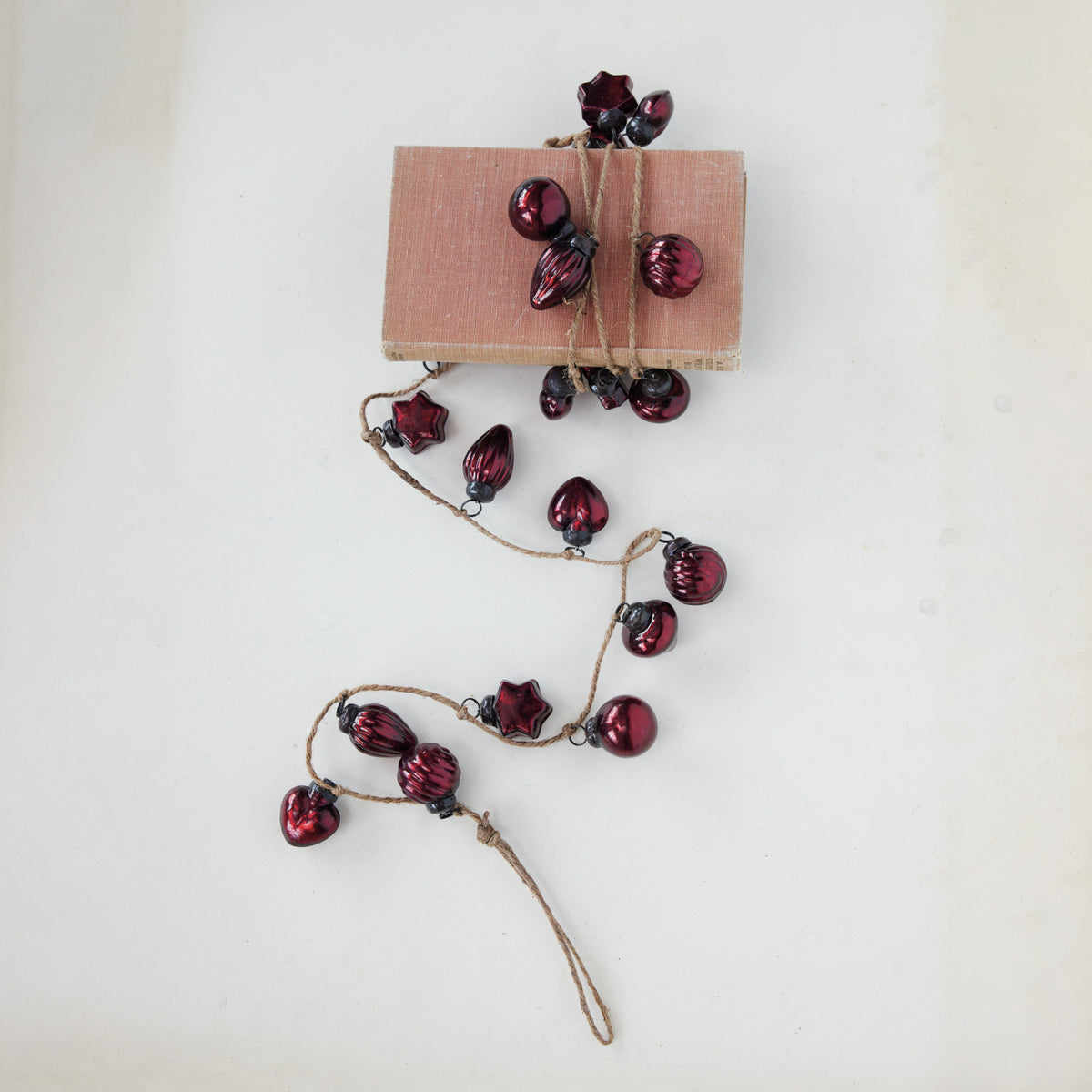 Mercury Glass Ornament Garland w/ Jute Cord, Burgundy, 72