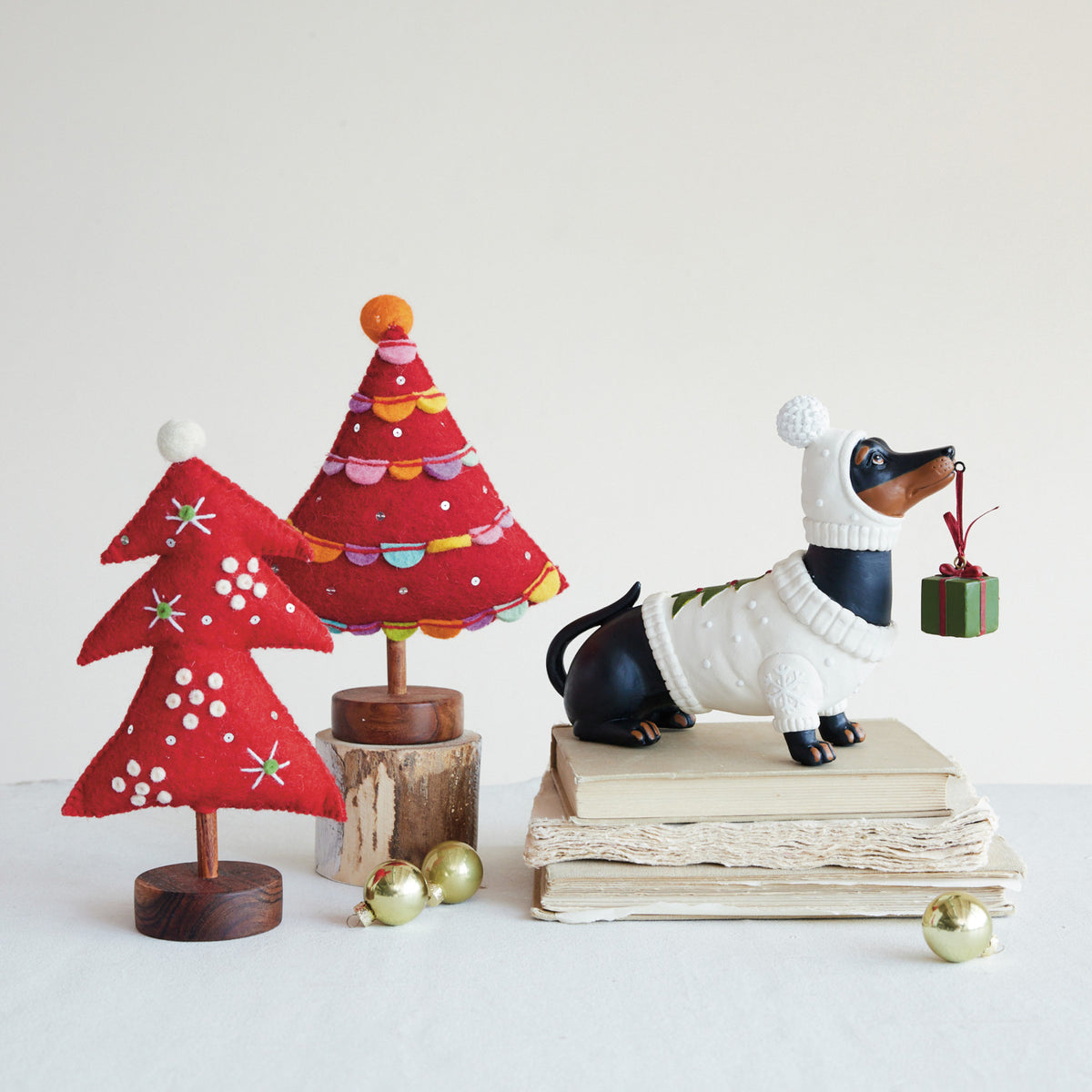 Dachshund in Holiday Sweater & Hat with Present, 10 X 3.25 X 8 in.