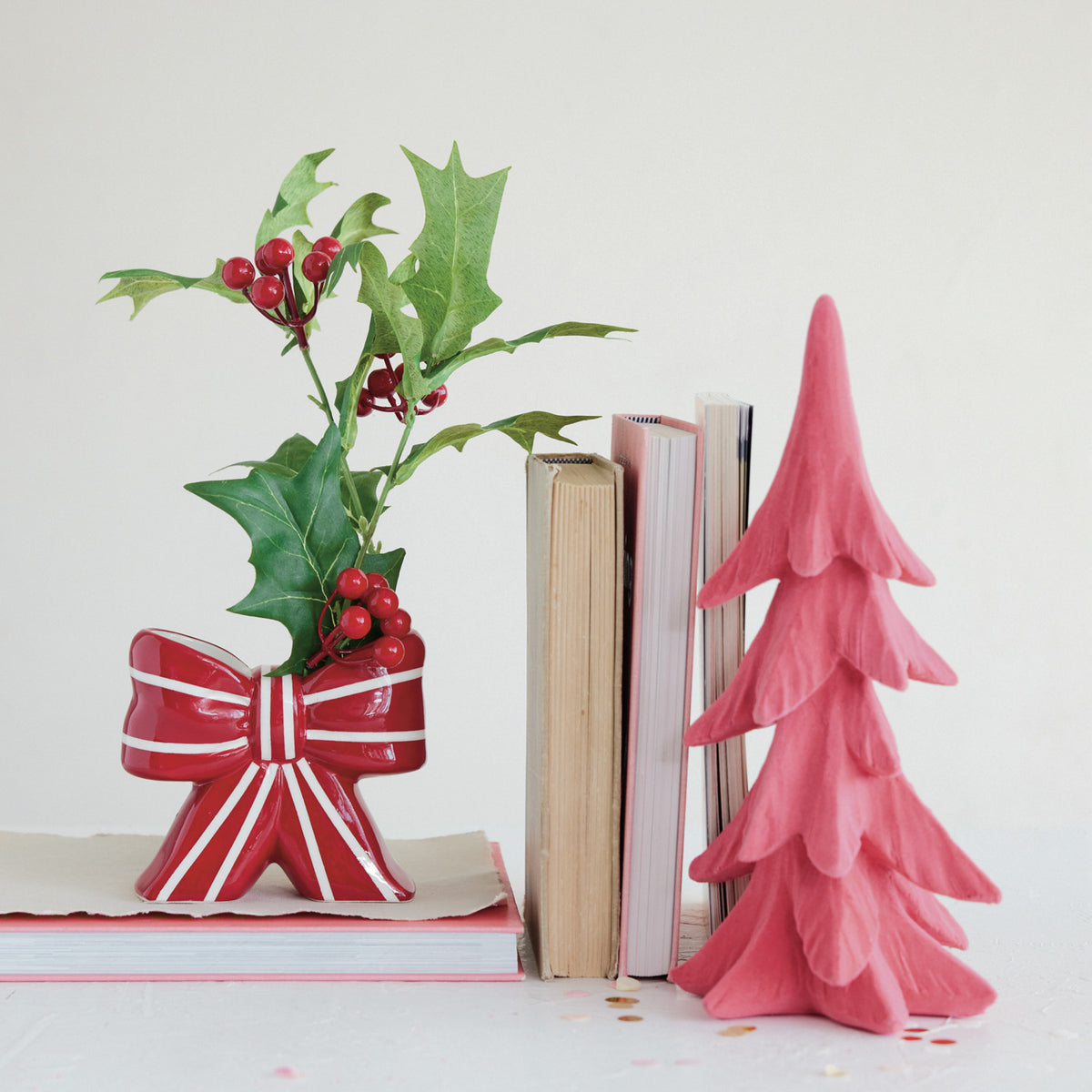 Ceramic Striped Bow Shaped Vase, Red & White, 5 X 2 X 4.5 in.