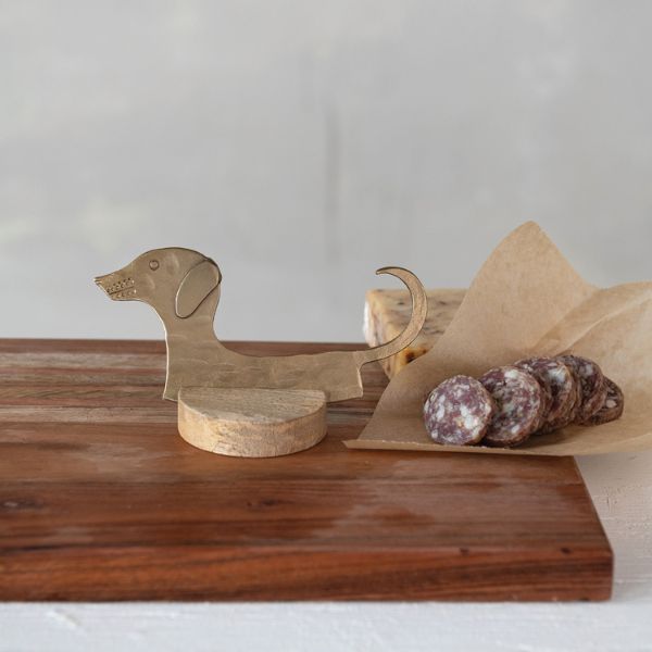 Antique Brass Dog Cheese Knife with Mango Wood Stand, 6-Inch