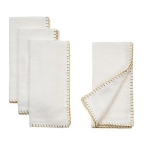 Gold Blanket Stitch Napkins, White, Set of Four displayed with delicate gold blanket stitching, perfect for enhancing kitchen and dining decor, available from Knotty and Board.