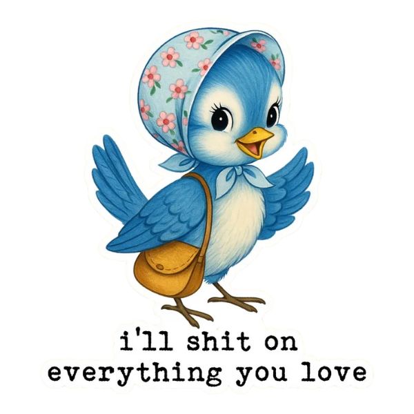 Illustration of a cute blue bird wearing a floral headscarf and carrying a brown satchel with the text 