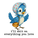 Illustration of a cute blue bird wearing a floral headscarf and carrying a brown satchel with the text 