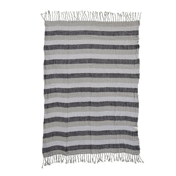 Aubange Handwoven Linen Throw, 51.25 X 67 in. featuring gray and cream horizontal stripes with fringed edges, perfect for stylish decor and cozy comfort from Knotty and Board.