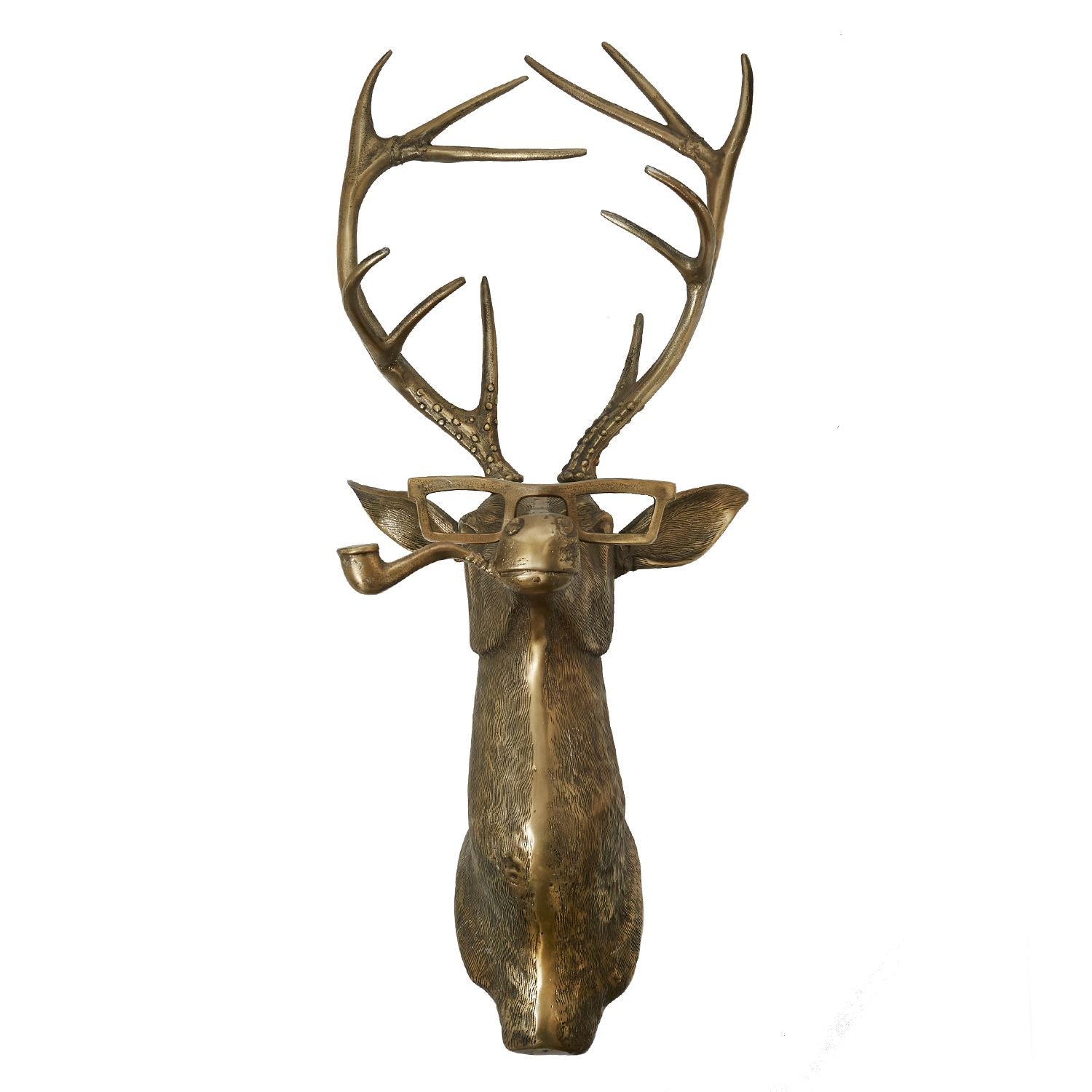 E&E Brass Wall Mount, Frankie, Available for local pick up, features a brass deer head with detailed antlers, glasses, and a pipe, perfect for unique home decor and gifts from Knotty and Board.