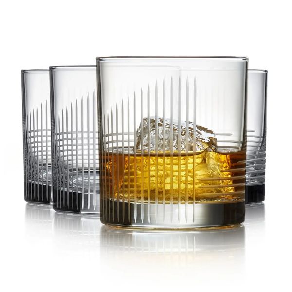 Set of four Cut Cocktail Passage Rocks Glasses, 11 Ounce, Set of 4 featuring a modern striped design, ideal for kitchen and dining decor or entertaining with stylish gifts from Knotty and Board.