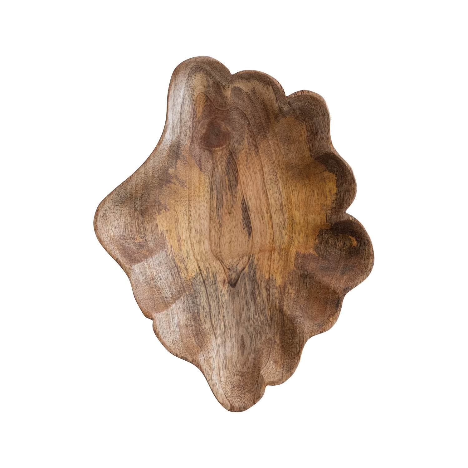 Carved Mango Wood Scalloped Bowl, 12"x 9" featuring natural wood grain texture, ideal for kitchen decor, entertaining, or as a unique gift from Knotty and Board. Every Room Needs A Little Knotty and Board.