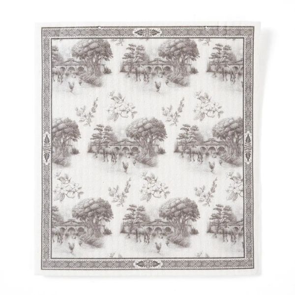 Reusable Dish Cloth, Black & White Farm Toile features a classic farmhouse scene in a monochrome palette, perfect for adding rustic decor charm to your kitchen. Every Room Needs A Little Knotty and Board.