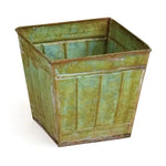 Square Tin Verdigris Planter with aged green patina and rustic metal finish, perfect for adding vintage charm to home decor and indoor gardening by Knotty and Board. 1