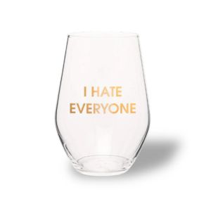 Clear stemless wine glass with gold foil lettering that reads 