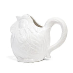White ceramic Figural Pitcher, Gertrude shaped like a textured rooster, perfect for kitchen decor or unique entertaining gifts from Knotty and Board. Every Room Needs A Little Knotty and Board. 1