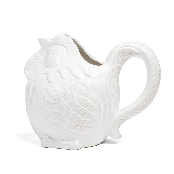 White ceramic Figural Pitcher, Gertrude shaped like a textured rooster, perfect for kitchen decor or unique entertaining gifts from Knotty and Board. Every Room Needs A Little Knotty and Board.