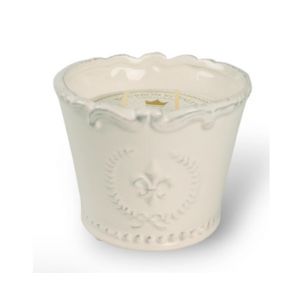 Bourbon Royalty, Orleans Tea, Marquis Candle, 10 oz in a decorative white ceramic container with embossed fleur-de-lis design, perfect for stylish home decor and gifts.