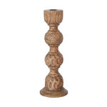 Hand-Carved Mango Wood Taper Holder, Natural, 13 in., featuring intricate craftsmanship and warm wood tones, perfect for adding rustic decor charm to kitchen or dining spaces from Knotty and Board. 1