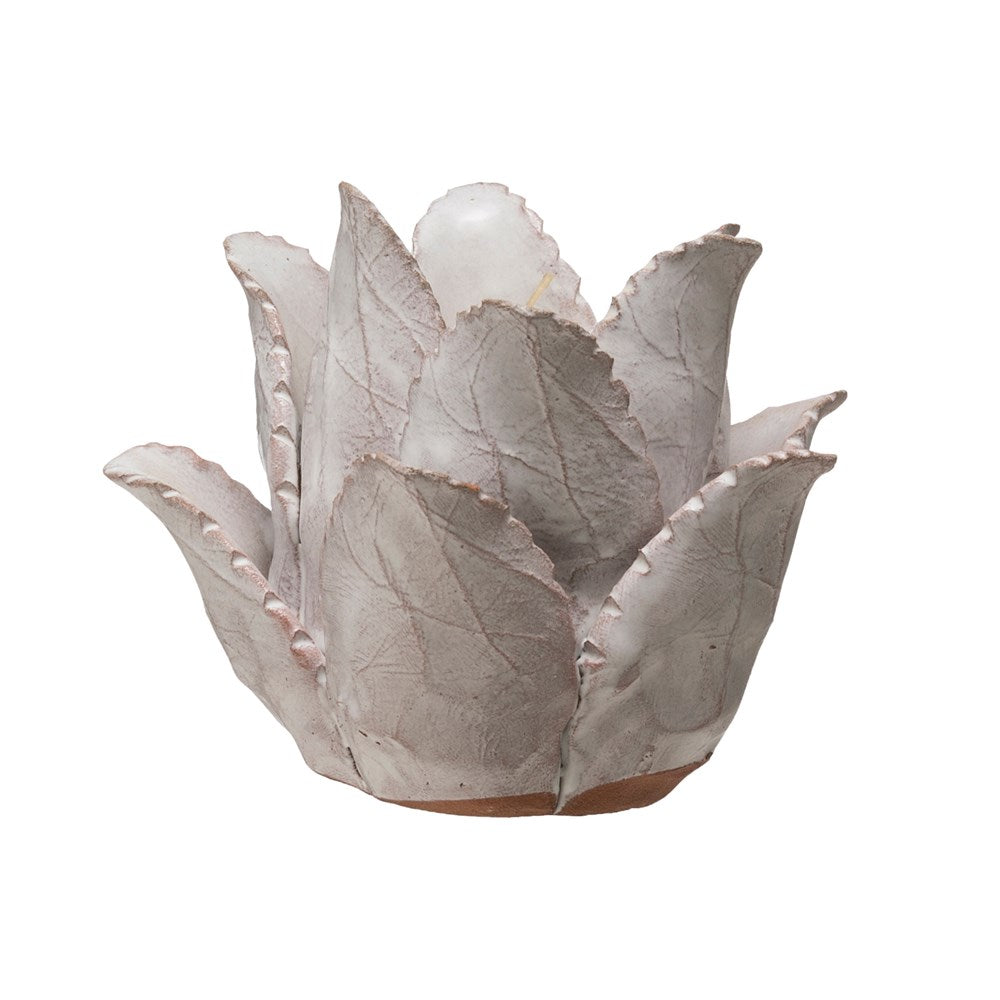 Handmade Terra-cotta Flower Tealight Holder, White, designed as delicate overlapping leaves, perfect for adding cozy candlelight decor to any kitchen or dining space by Knotty and Board.
