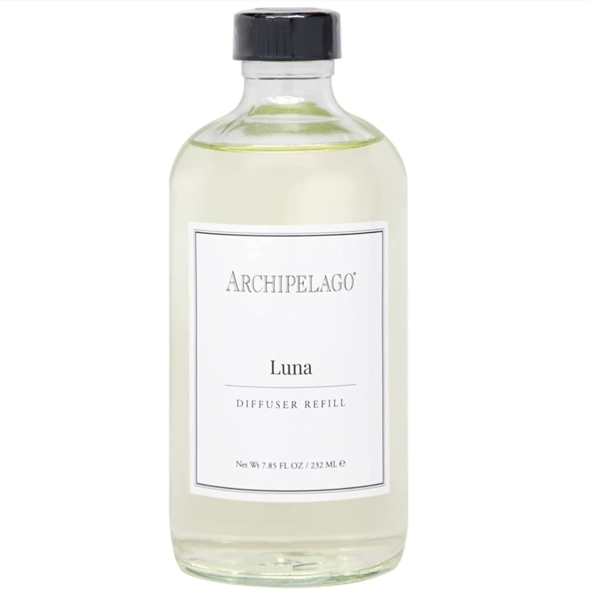 Clear glass bottle of Archipelago Luna Diffuser Oil Refill, 7.8 oz with black cap, simple white label, ideal for home decor and gifts from Knotty and Board.