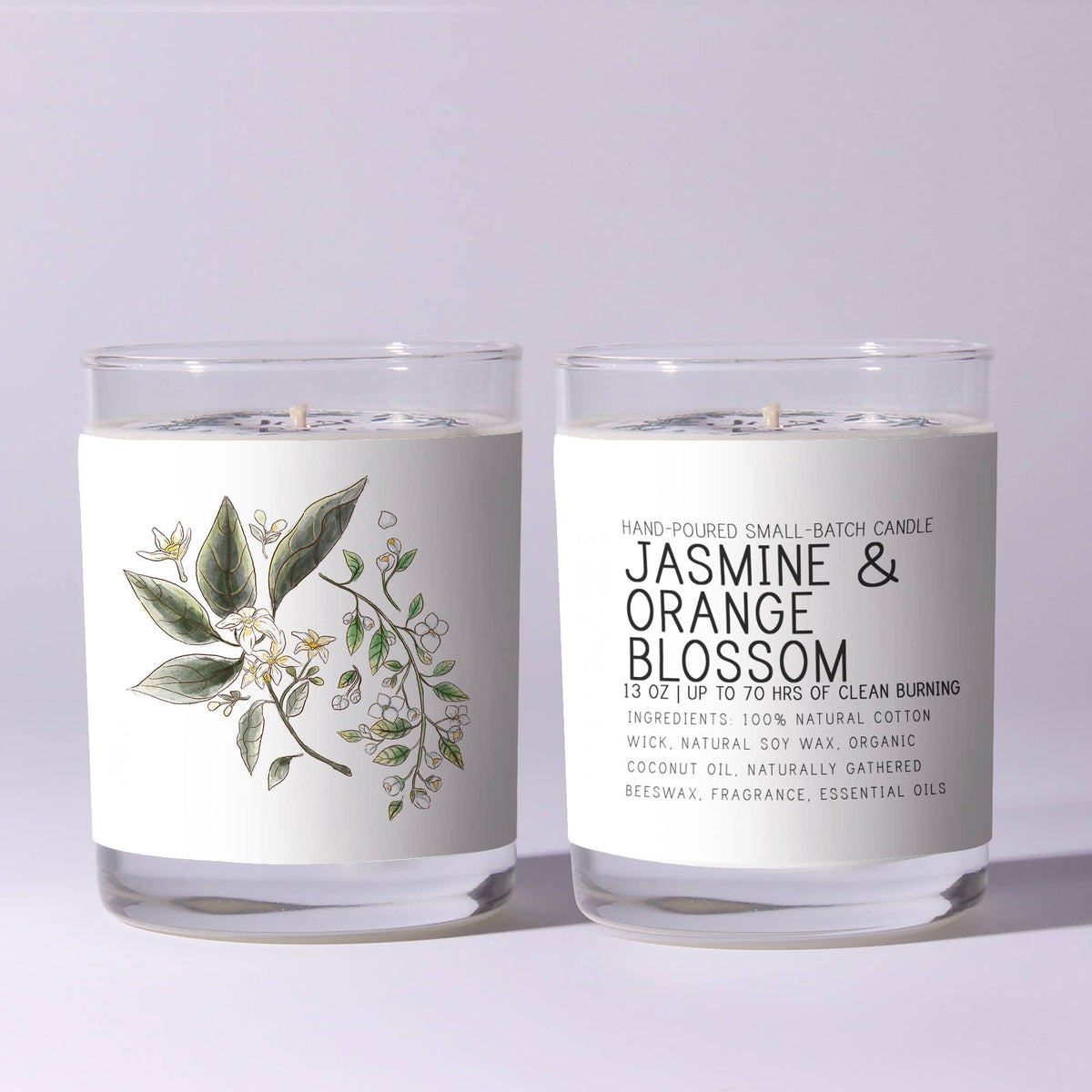 Pair of Just Bee Jasmine and Orange Blossom Candle, 13 oz, with botanical illustration and clean label, ideal for home decor or gifts from Knotty and Board. Every Room Needs A Little Knotty and Board.