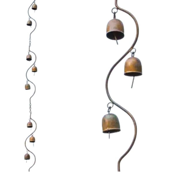 Flamed Bells Spiral Ornament features a rustic spiral design with hanging metal bells, perfect for adding charming decor and a soothing ambiance to your kitchen or dining space.