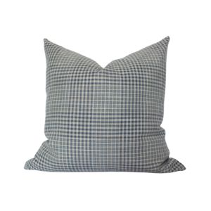 Olin Gingham Pillow, Blue, 14 X 20 features a classic blue gingham pattern perfect for adding cozy decor accents to any room, available from Knotty and Board with gifts and candles.