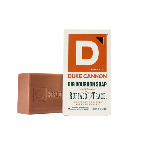 Duke Cannon Brick of Soap, 10 oz., Big Bourbon bar soap with Buffalo Trace bourbon branding, offered by Knotty and Board, perfect for gifts and stylish home decor.