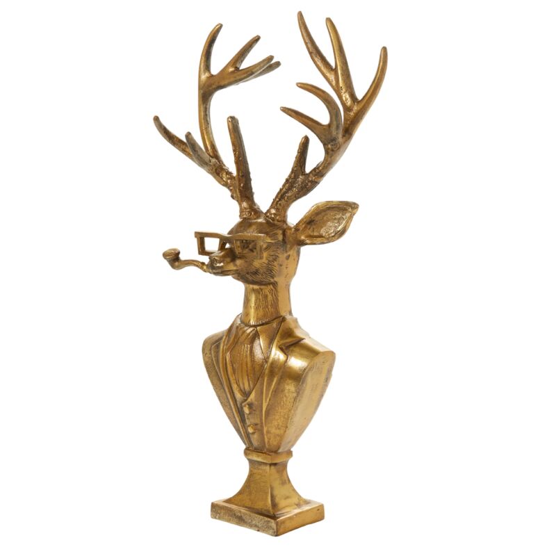 E&E Bust Frankie 10.75 x 22.75 depicts a stylish golden deer bust with antlers smoking a pipe, perfect for unique Knotty and Board decor and gifts for any room.