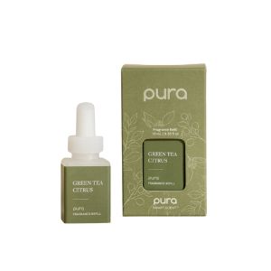 Pura Refill, Green Tea Citrus bottle and matching green box with subtle botanical designs, perfect for home decor and gifting from Knotty and Board.