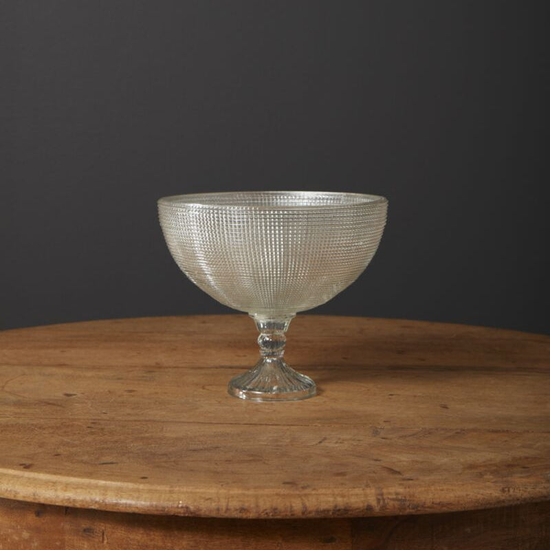 Opulent Compote 8.75 x 7.5 glass bowl with textured pattern on a wooden table, elegant kitchen and dining decor from Knotty and Board, perfect for gifts and entertaining.