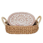 Handmade Bread Warmer & Wicker Basket, Flower, 12 X 7.5 X 3.3 in. featuring a woven wicker basket with handles and an oval ceramic bread warmer with a raised floral pattern, perfect for kitchen decor and gifts. 1
